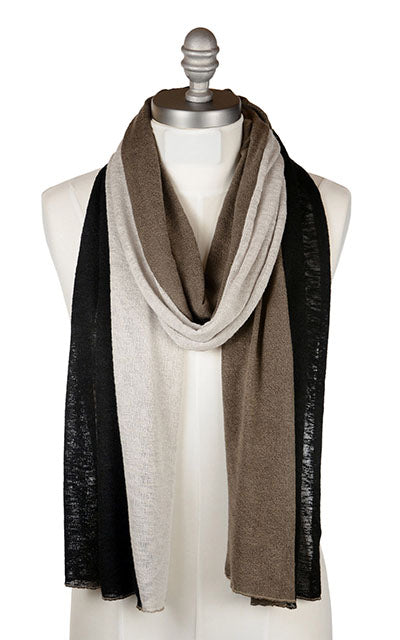 Upcycled Motley Scarf in three colors, Mezcal, Sandstone and Scorpion. Handmade in Seattle, WA by Pandemonium Seattle.