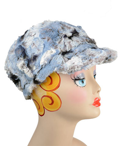 Valerie Style Cap in Rainier Sky Faux Fur  by Pandemonium Seattle.  Handmade in Seattle WA.