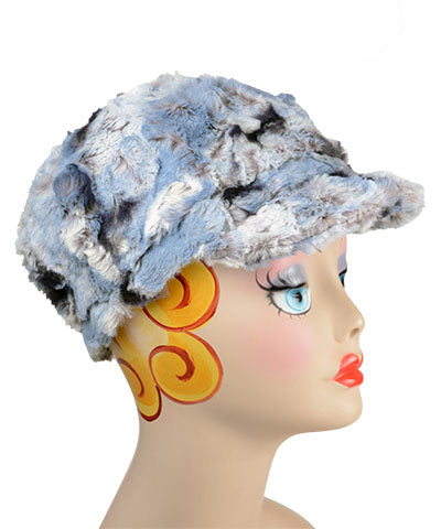 Valerie Style Cap in Rainer Sky Faux Fur  by Pandemonium Seattle.  Handmade in Seattle WA.