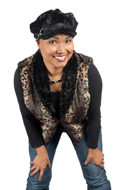  Valerie hat Cuddly Faux Fur in Black with a Buckle band shown on model by Pandemonium Millinery. Handmade in Seattle WA USA.