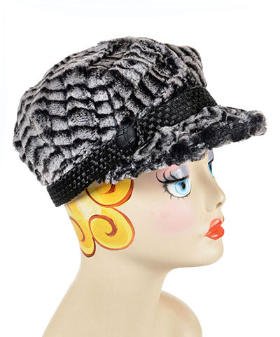 Valerie Cap Style - Luxury Faux Fur in 8mm in Black/White (One with Leather-Look Button Left!)