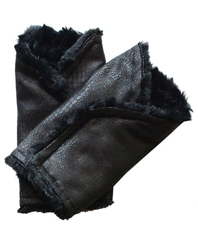Reversible Fingerless Gloves | Vegan Leather Outback in Black Cuddly Black Faux Fur | Pandemonium Millinery