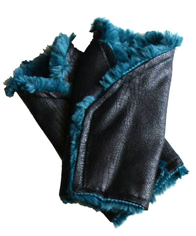 Reversible Fingerless Gloves | Vegan Leather Outback in Black Peacock Pond Faux Fur | Pandemonium Millinery