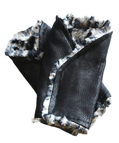 Reversible Fingerless Gloves | Vegan Leather Outback in Black Savannah Cat Faux Fur | Pandemonium Millinery