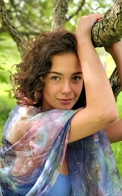 Women's Coastal Garden Wrap in Sea Lavender on Model | Handmade in Seattle WA | Pandemonium Millinery