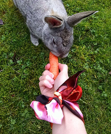 Women's Wrist Scarf in Carnival Fiesta Silk with Bunny | Handmade in Seattle WA | Pandemonium Millinery